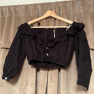 Free People Black Crop Blouse with Ruffled Tie Front